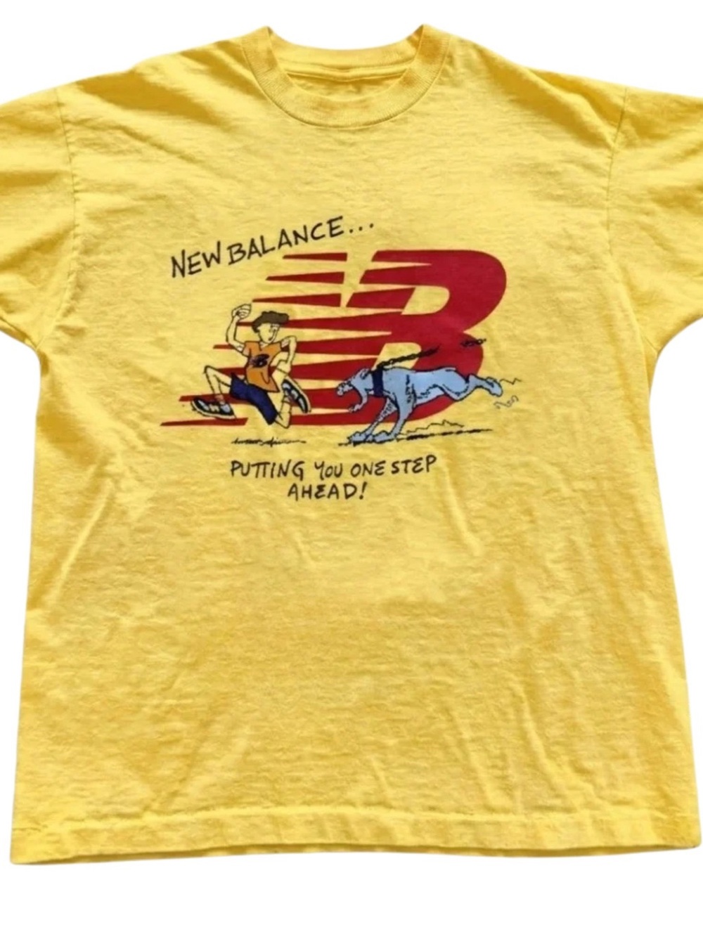 Gildan New Balance Yellow Tee with Red Logo and Blue Dog Graphic